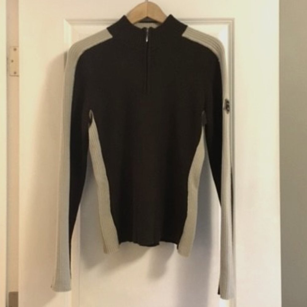 VTG Y2K LÖLE MONTREAL Espresso and Cream Wool Blend 1/4 Zip Sweater L Preppy